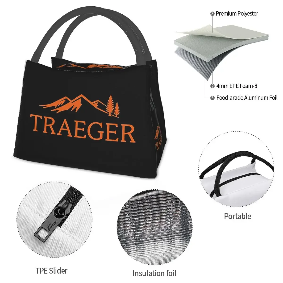 Traeger Pellet Grill Smoke BBQ Essential Lunch Bags Insulated Bento Box Lunch Tote Picnic Bags Cooler Thermal Bag for Woman