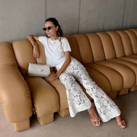 Blanc Jacquard Sheer Flared Pantalon Femmes Dentelle Fleur Creux Out Pants Vintage Trouser Y2k Vacances Vacances Plage D’été Nouveau 5