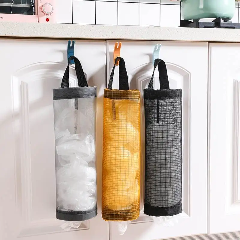 

Wall Mount Grocery Bag Plastic Hanging Mesh Bag Holder Dispenser Storage Trash Garbage Bags Kitchen Home Garbage Bag Organizers