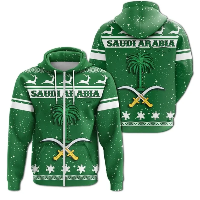Sudadera con capucha y gráfico de la bandera de Arabia Saudita, sudadera con capucha y cremallera con emblema nacional de Arabia Saudita para hombres, ropa informal, suéteres deportivos para hombres