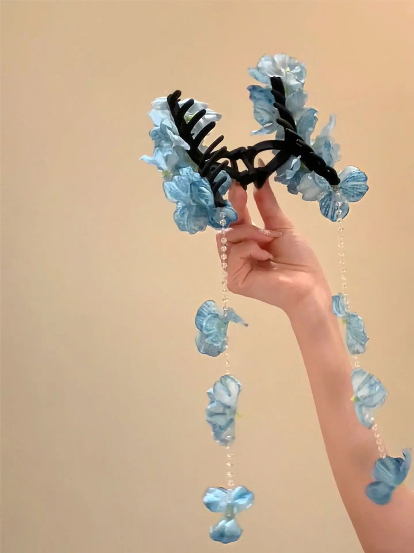 Flower Waterfall Blue Hydrangea Flower Fringe Grab Clip Atmosphere Back Head Disc Hair Shark Clip Hairpin Headgear Mori