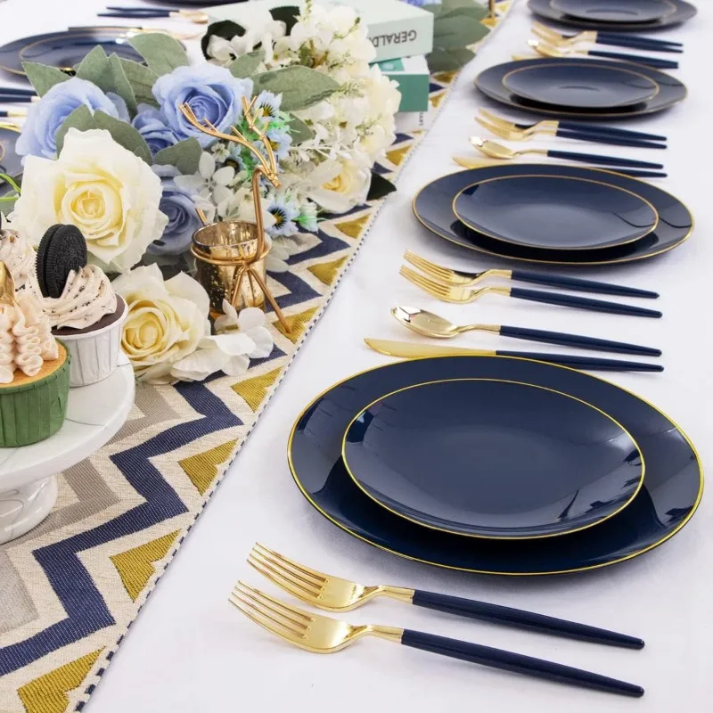150PCS Blue Plastic Plates-Gold Plastic Silverware-Navy Disposable Plates Include 30 Guests Plates, Forks, Spoons, Knives