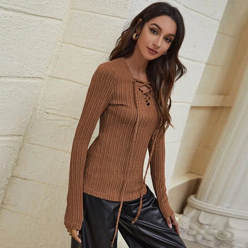 

Women's Autumn V-neck Long Sleeve Slim Tops Retro Casual Women's Twist Knitted T-shirt Fashion Women's V-neck Lace-up Shirt