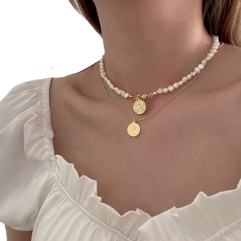 

Minar Vintage Double Layers Baroque Freshwater Pearl Queen Portrait Round Coin Pendant Necklace for Women Gold Copper Choker