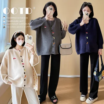 Maternity Sweater Autumn Winter Loose Slim Thick Soft Comfortable Simple Cute Embroidery Knit Cardigan Coat for Pregnant Women