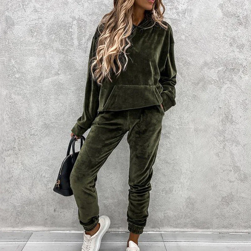 Autumn Winter Velvet Tracksuit Set Elegant Soft Pocket Pullover Top Female Loose Sweatsuit Pants Suit Two Piece Set Outfits