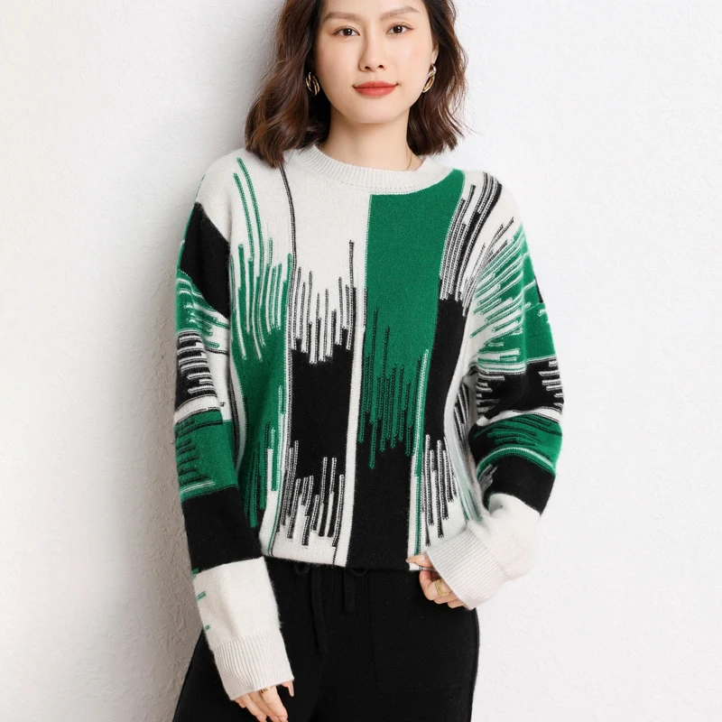 

100% Pure Cashmere Sweater Women's Clothing, O-Neck Top Casual Loose Contrast Stripe Band Undershirt Sutumn/Winter Jumper Warm