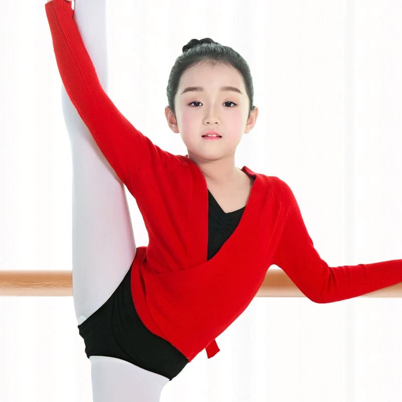 Child Girls Kids Ballet Dance Wrap Cross Tops Long Sleeve Waist Belt Sweater ballet tops kids dance tops