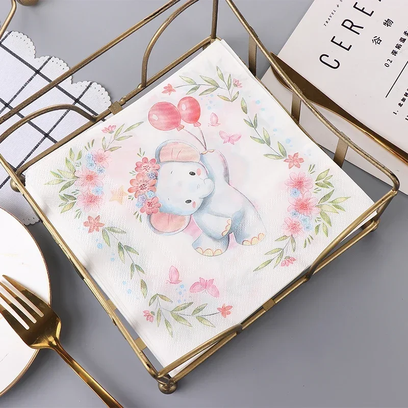 Party Tissue Paper 20pcs/pac 2-Ply Color Napkins Printed Pure Wood Pulp Cartoon Cute Little Elephant Food Grade Paper Towel