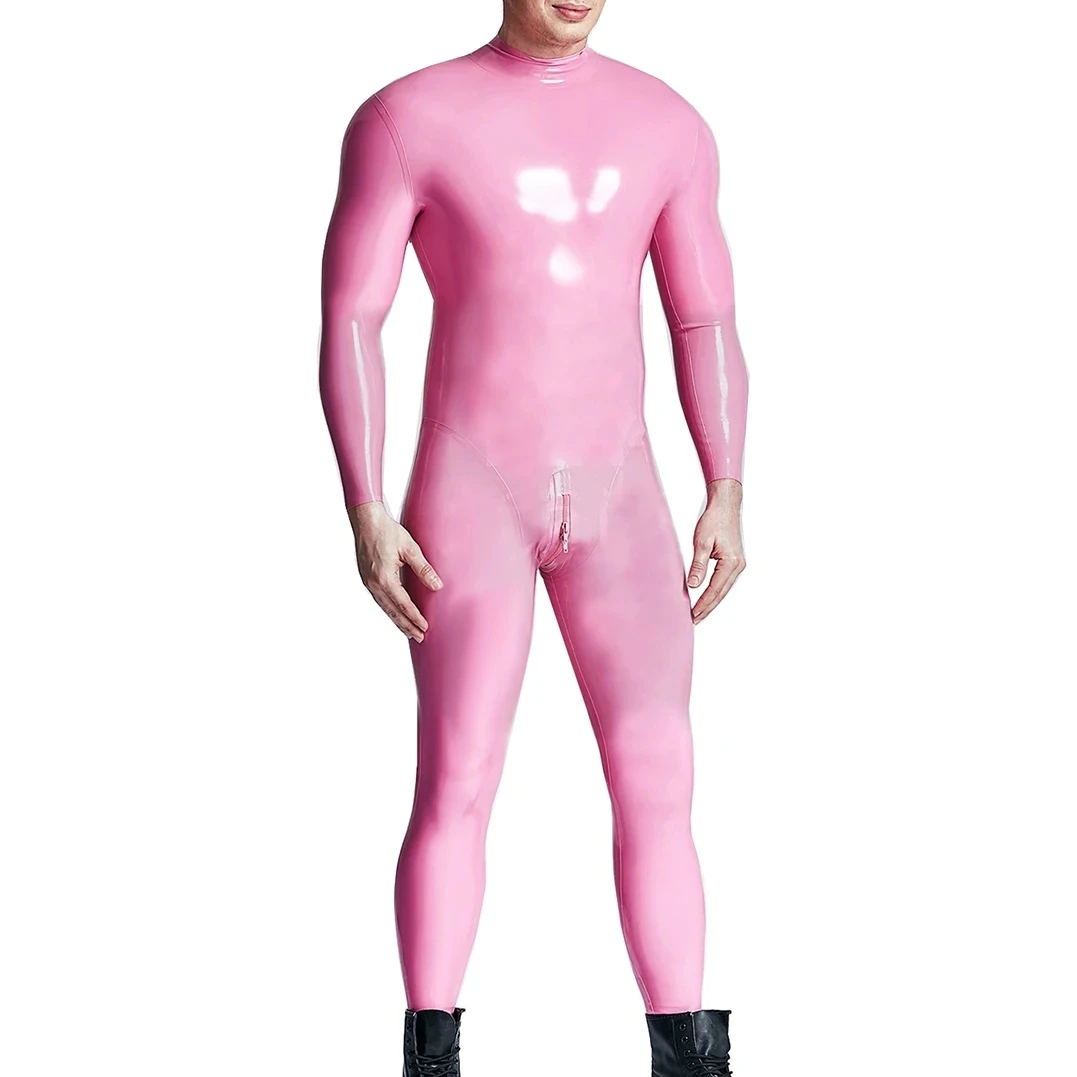 

Sexy Pink Men's Rubber Gummi Catsuit Latex Bodysuit Back and Crotch Zip Handmade Jumpsuit Without Socks Costumes