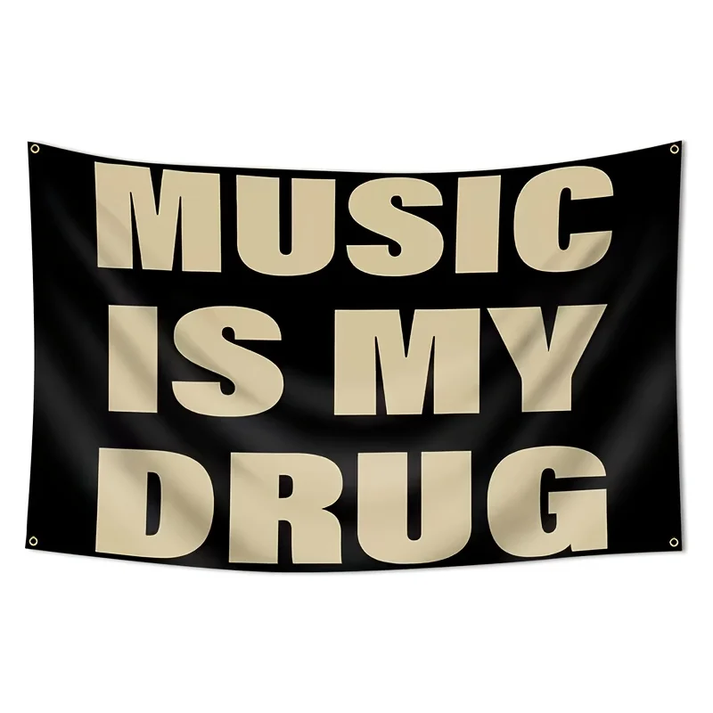VIKAMA Wandteppich mit Aufschrift „MUSIC IS MY DRUG“, Retro-Wandbehang mit amerikanischem Musik-Slogan für Bar, Wohnzimmer, Schlafzimmer, Dekoration – Detail 3