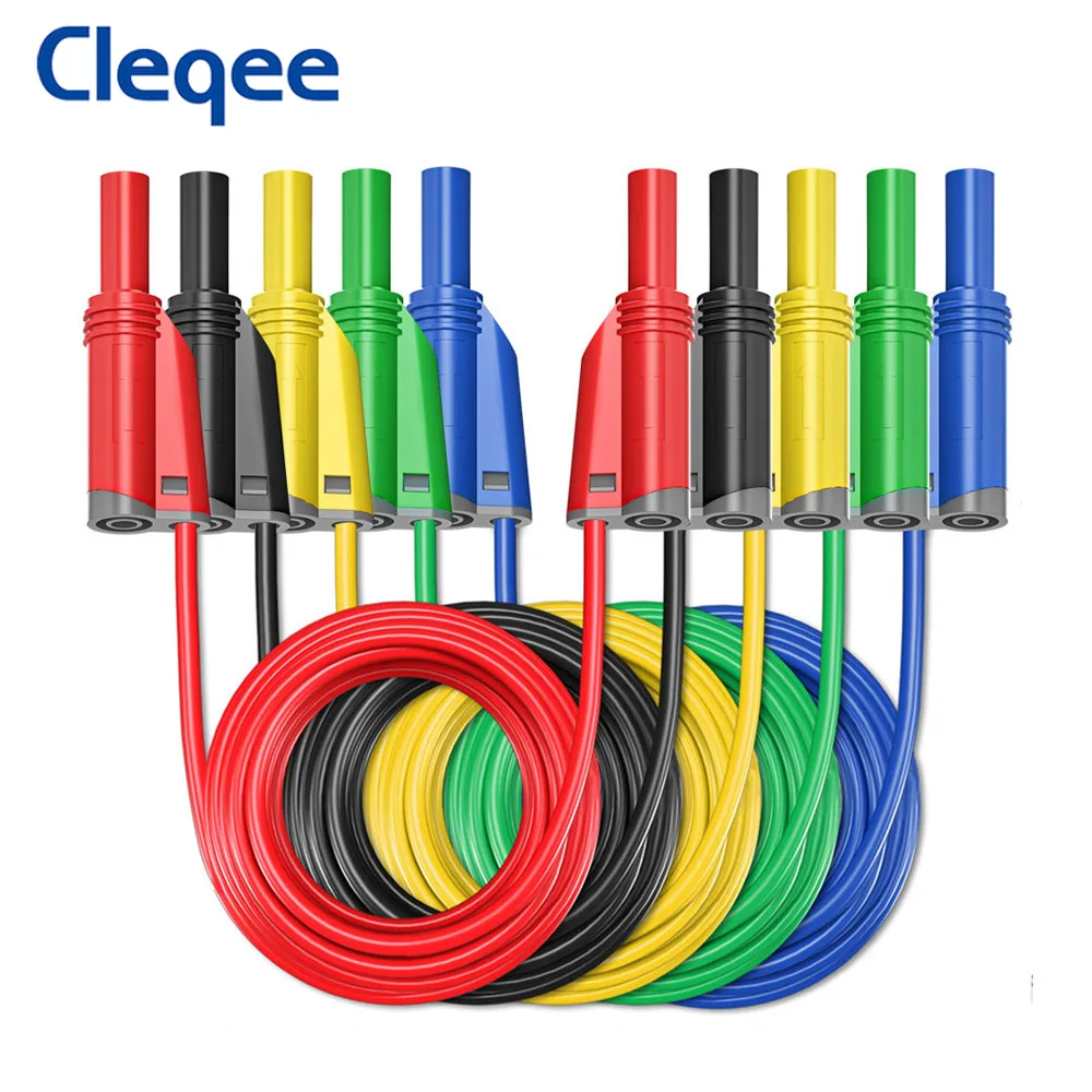 Cleqee P1050-1 5pcs Multimeter Silicone Test Leads High Quality Dual 4mm Banana Plug Stackable Type Insulated Soft 100cm Wire