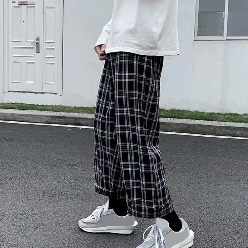 Autumn Men Pants Plaid Streetwear Wide Leg Elastic Waist Loose Sports Pants Trousers Checkered Wide Leg Pants for Travel 4