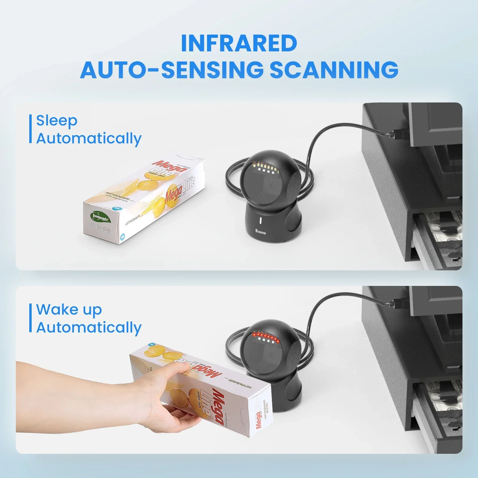 Eyoyo 2D Barcode Scanner QR Code Scanner Automatic Sensing Scanning Omnidirectional Hands-Free Barcode Reader QR Screen barcode scanner
