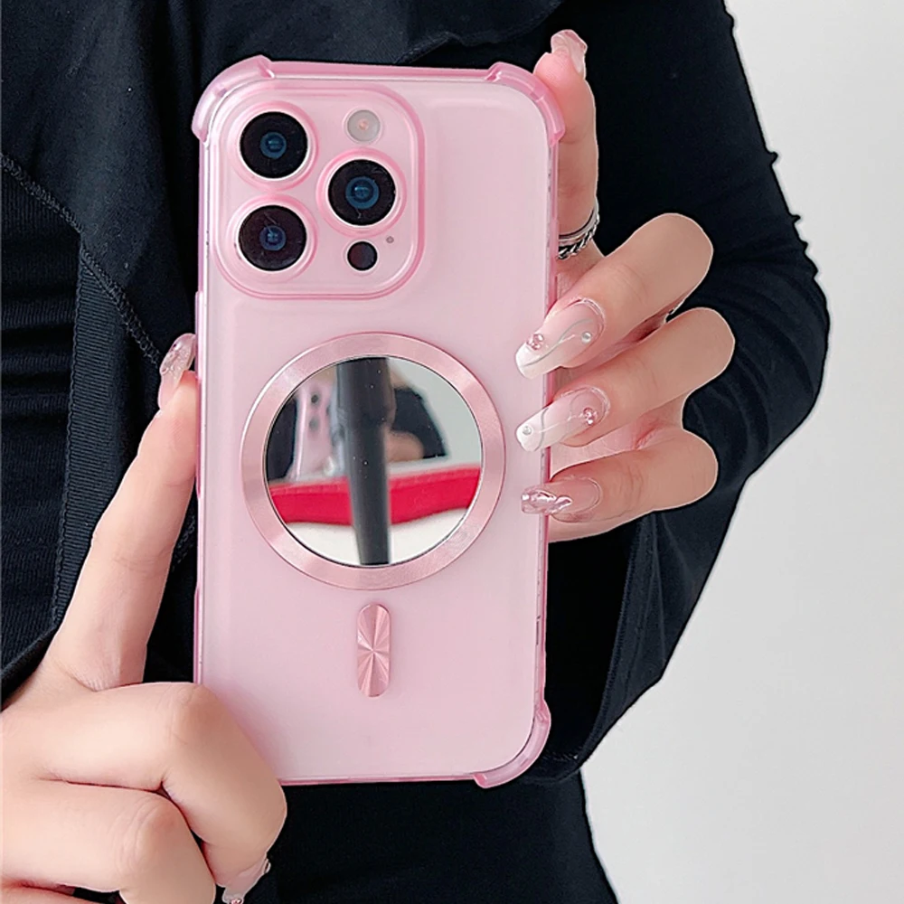 Shockproof Magnetic Makeup Mirror Phone Case with Magsafe-Compatible Silicone Cover