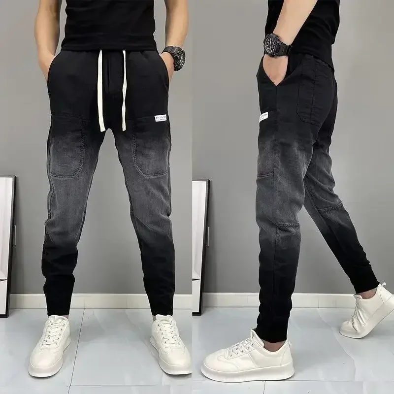 thumbnail image 1 of Pantalones vaqueros elásticos para hombre, pantalones vaqueros elásticos con empalmes, ajustados, abotonados, ajustados, estilo coreano, Harajuku, 1 of 5