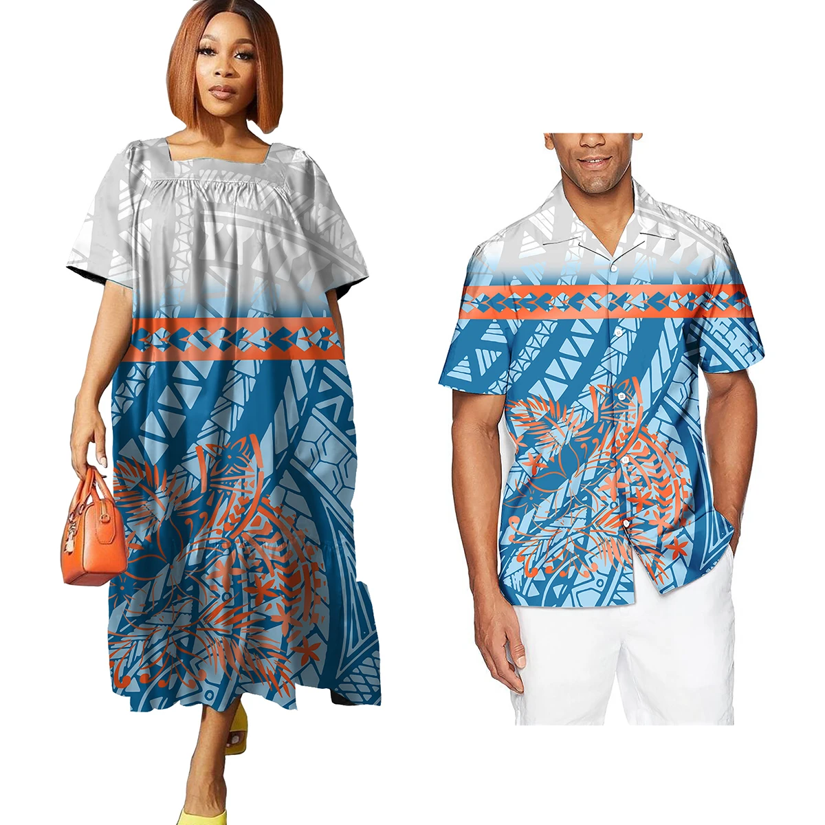 Polynesian Tribal Couple Matching Outfits 2pcs Samoan Puletasi Tapa Flower Pattern Party Dresses Sexy Women Cocktail Dress