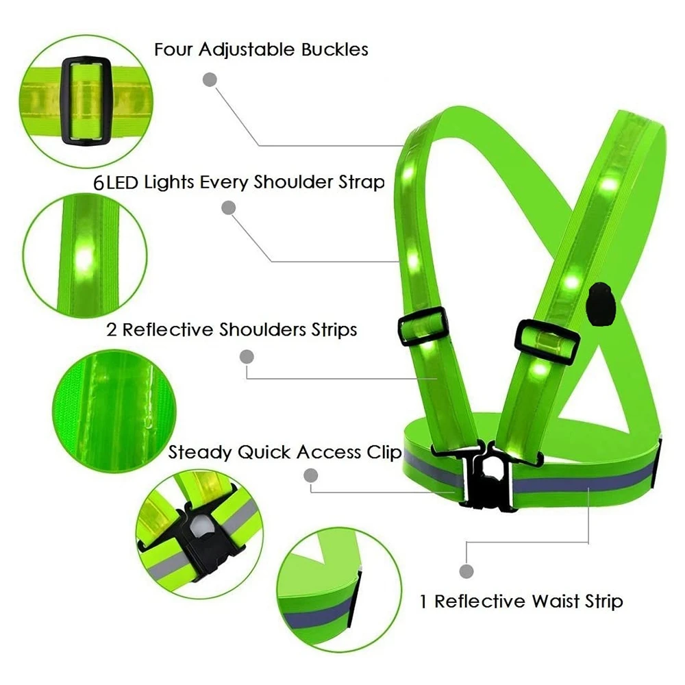 LED Reflective Vest Night Running Vest Glowing Reflector Straps Safety Cycling Warning Lights Reflective Belt cycling vest reflective safety vest reflective belt