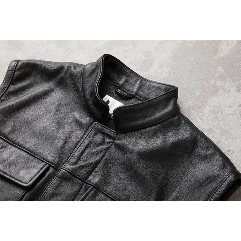 2023 New Motorcycle Biker Leather Vest  Genuine Cow Leather Men Sleeveless Jackets  REAL Cowhide Stand Collar Waistcoat Outwear
