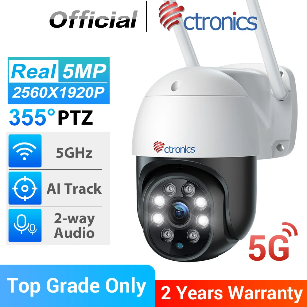 Ctronics 5MP 5G WiFi IP Camera Outdoor 360 Human Detection Auto Tracking  Security Camera Color Night Vision CCTV Two Way Audio