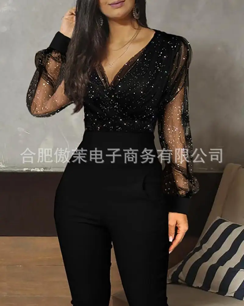 Jumpsuits for Women Temperament 2024 Summer Women One Pieces Bodysuit Commuting Fashion V-Neck Black Mesh Hot Stamping Romper