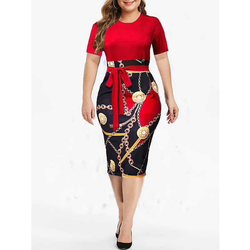 Plus Size Clothes Elegant Round Neck Graphic Printing Pullover Summer Office Lady Lacing Short Sleeve Bag Hip Dresses for Women