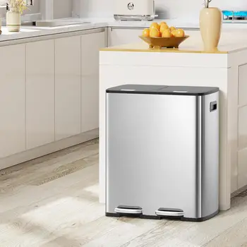60 Liter / 16 Gallon Dual Trash Can with Lid, Stainless Steel Kitchen Step Garbage Can, 2 x 8 Gal Double, Customized 1