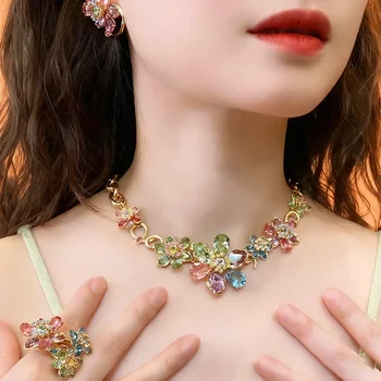 2025 New Trend Fine Jewelry Sets Charm Pink Blue Flower Crystal Fashion Original Luxury Necklace Earring Romantic Gift for Women 1