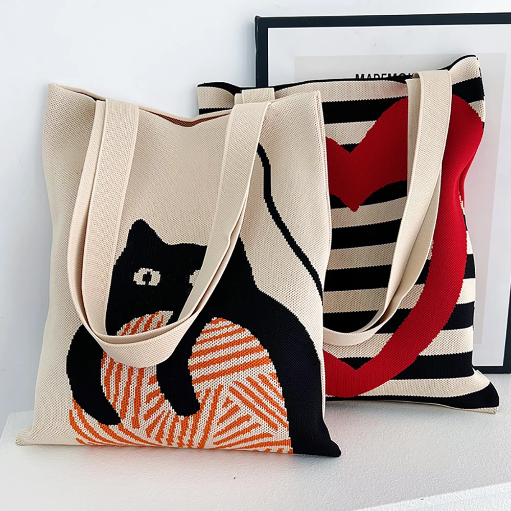 

Handmade Knit Handbag Women High Capacity Shoulder Bag Korea New Casual Wide Stripe Plaid Tote Bag Student Reusable Shopping-bag