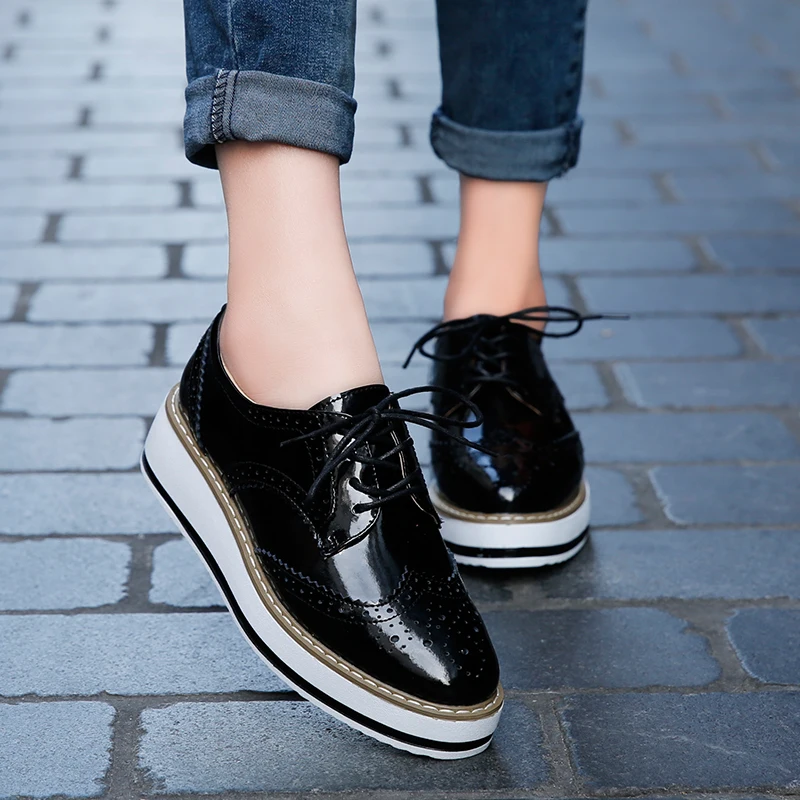 STRONGSHEN British Style Women Brogue Shoes Round Toe Oxfords Platform Casual Leather Footwear Increase 4.5cm Sapatos Chaussures 2
