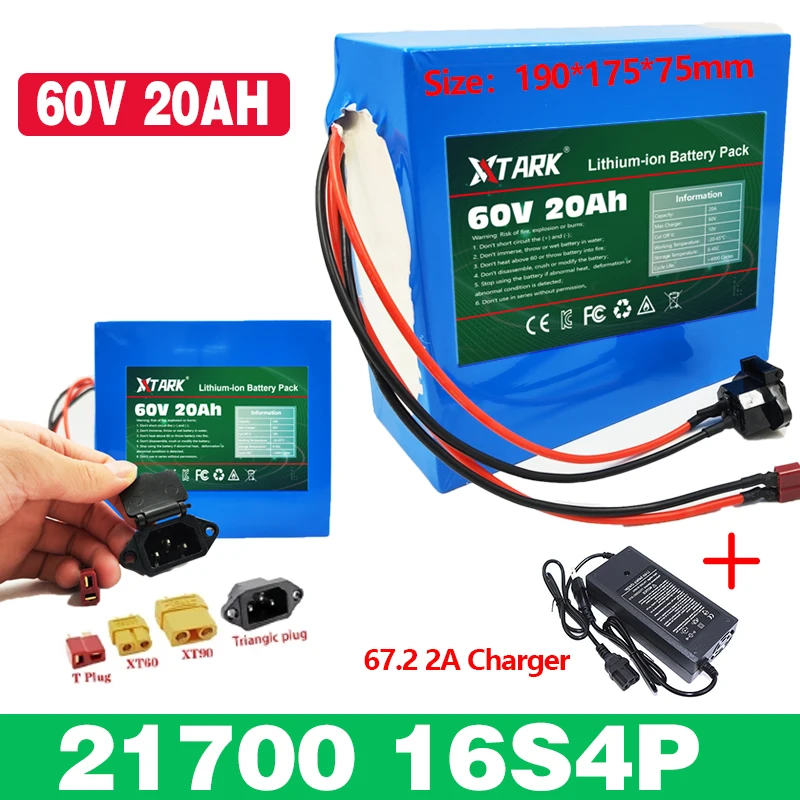 

60V 16S4P 21700 Lithium Battery Pack 1000W-3000W 20A BMS T/XT60 Plug for Electric bicycle Motorcycle scooter ebike battery