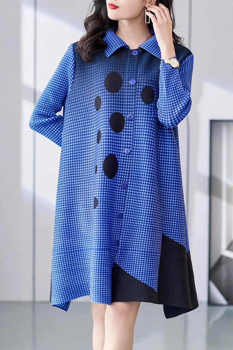 Checkered Pleats Long Shirt Dress Checkered Pleats Long