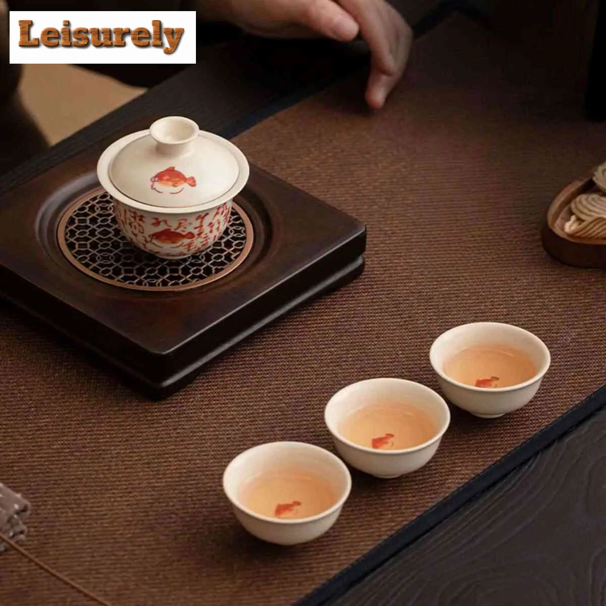 Retro Soda Glazed Fish Poems Gaiwan Japanese Tea Tureen Tea Bowl With Lid Kit Tea Maker Cover Bowl 1 Bowl 3 Cups Kit Teaware
