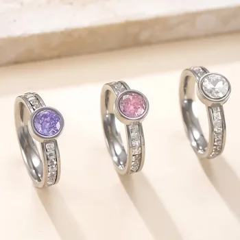 Anello in acciaio inossidabile con zirconi rotondi Shinny da donna Anelli da dito alla moda geometrici minimalisti di lusso Regalo di gioielli da sposa all'ingrosso