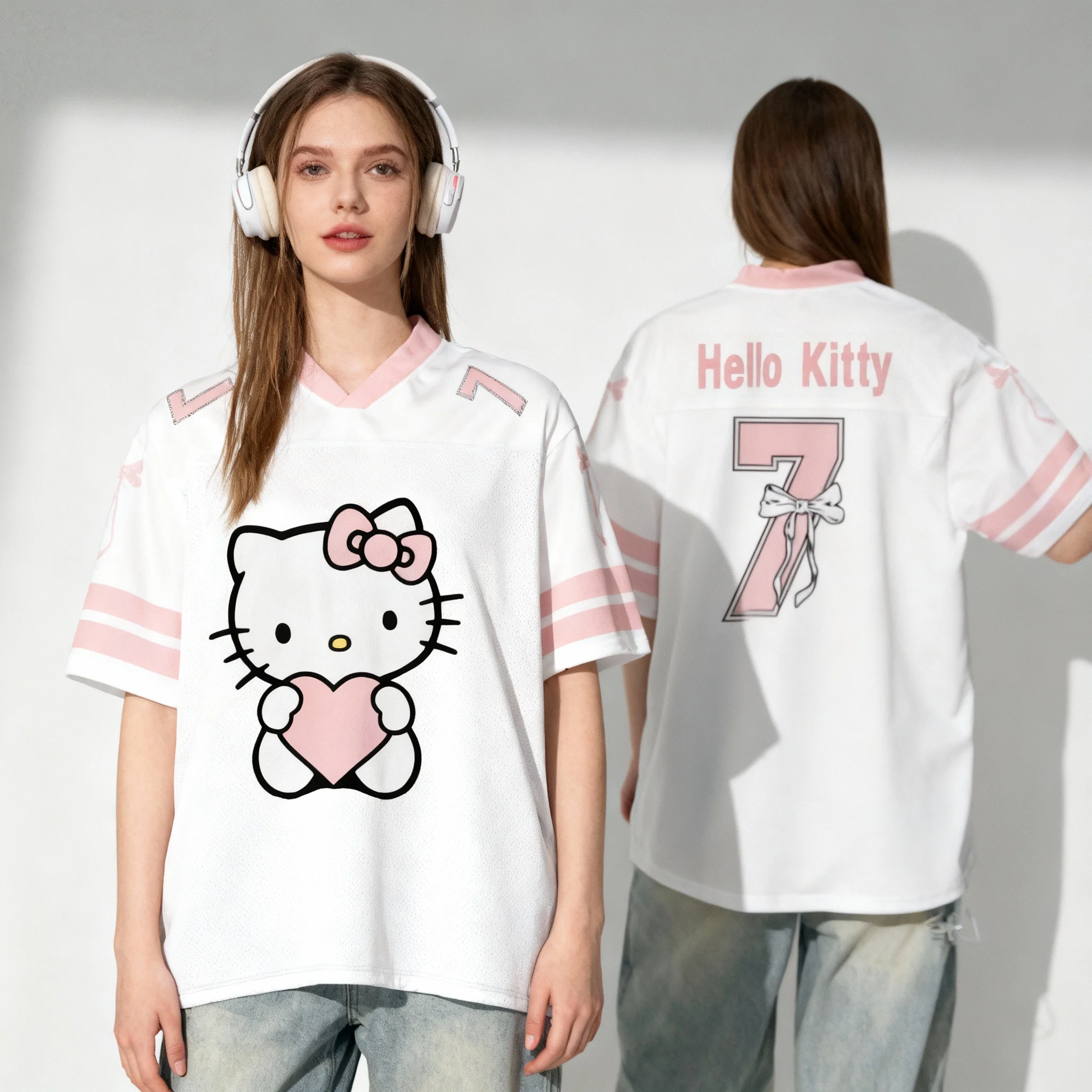 새로운 Sanrio 헬로 키티 No.7 볼 드레스 스위트 쿨 여름 티셔츠 오버사이즈 남성 성인 캐주얼 스포츠 티셔츠 출산복