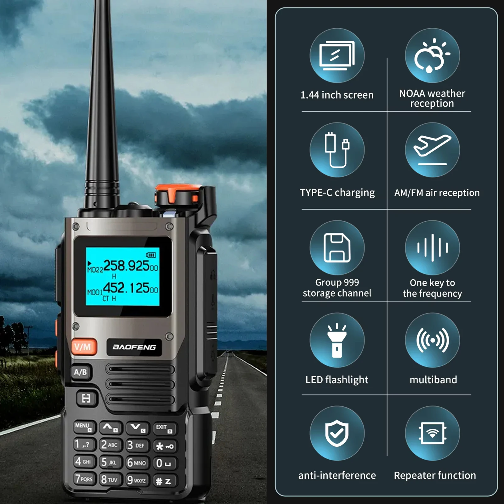 EU Plug 5W Walkie Talkies Long Range Wireless Interphone LCD Flashlight Type-C Dual Band 2Way Radio 999 Channels AM/FM Receiving