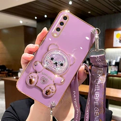 Cute Bear Silicone Crossbody Lanyard Phone Case with Holder for A20 (CZXXGS Cherry Purple)