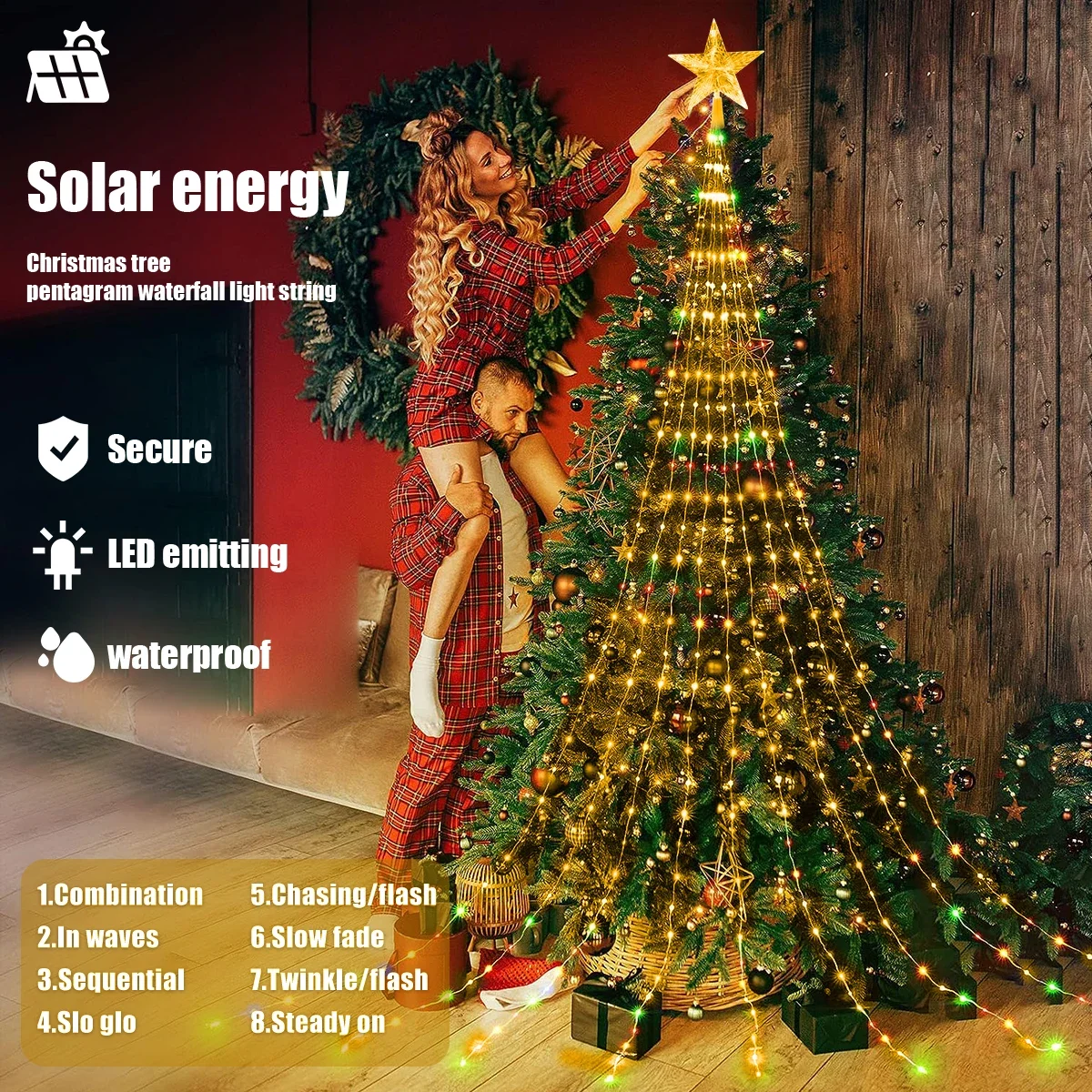 Solar Holiday Decoration Lights LED Christmas String Lights USB 8 Modes Indoor Outdoor Glowing Stars Hanging Fairy Flash Lights