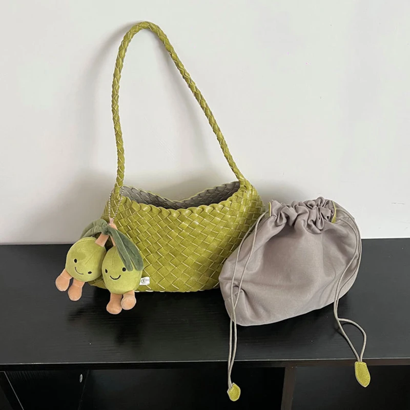 PU Hand-Woven women's Bag, Vegetable Basket Sailboat Bucket bag, Casual Vacation Handbag Shoulder Bag 2
