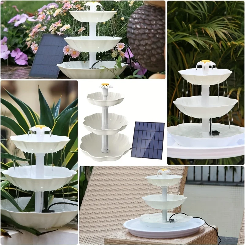 3.5W Off-white 3-layer Flowing Water Solar Bird Bath Fountain, Detachable Decorative Fountain, DIY Water Functionbird Feeder