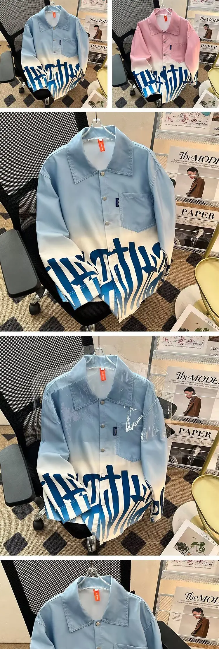 Blue Gradient Pleated Long Sleeve Shirt Side View