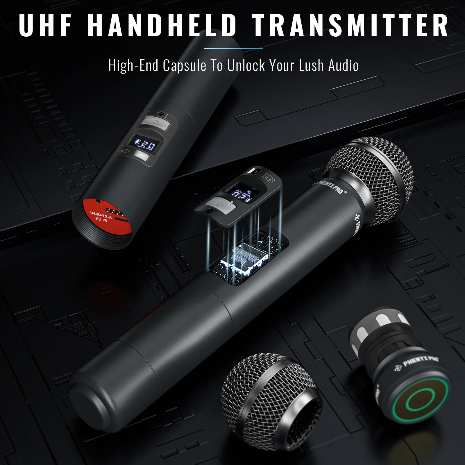 Phenyx Pro UHFワイヤレス ハンドヘルド マイクロフォンシステム、調整可能な30通りの周波数が使えるコードレスマイクセット、すべて金属製、61m（200フィ Phenyx Pro UHF Wireless Handheld Microphone System, 30 Adjustable