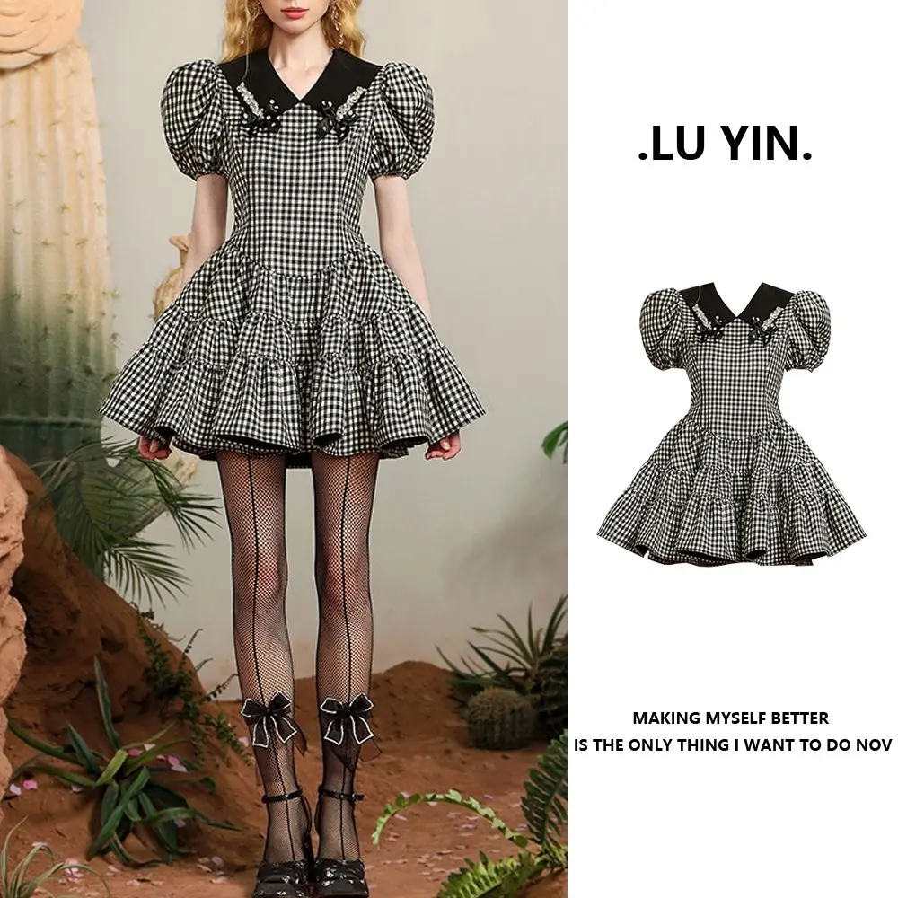 

France Chic Puff Sleeve Sweet Lady Girl Cute Plaid Mini Dresses Casual Street Kawaii Short Elbise Dress Goblincor 2023 New