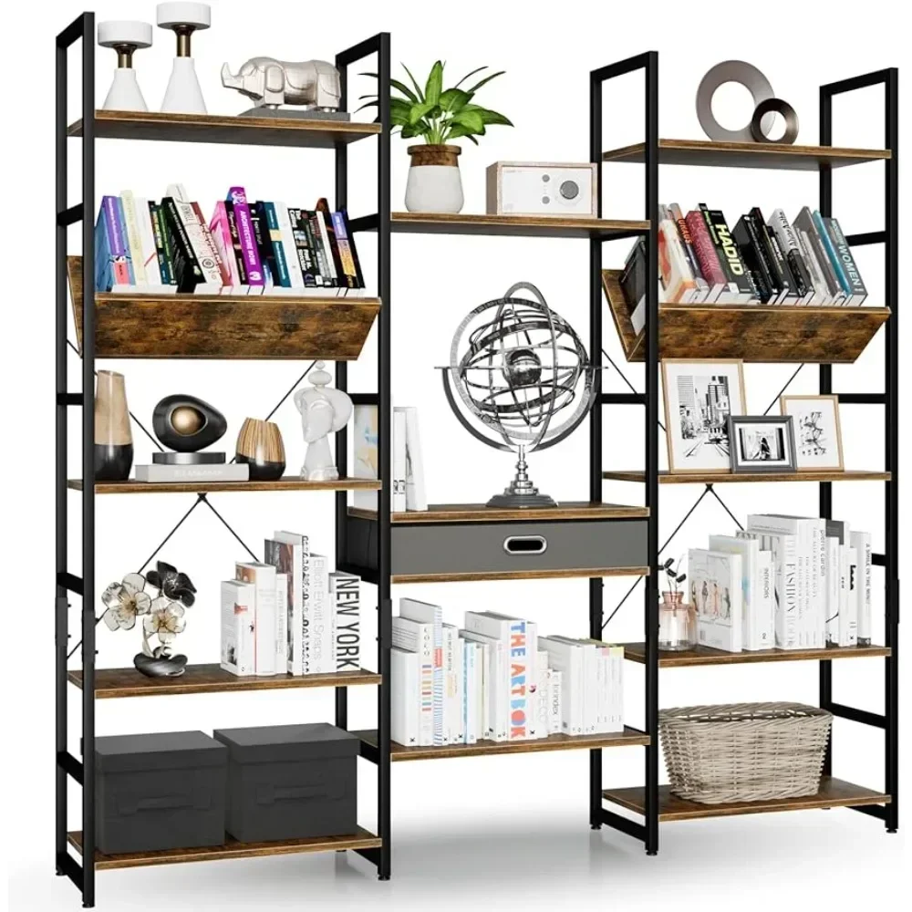 Triple Wide 5 Tier Bookshelf, Adjustable Rustic Industrial Style Book Shelves, Modern Bookcases and Bookshelves Furniture