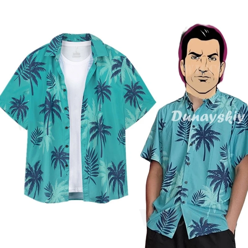 

Костюм для косплея вице Томми Vercetti, Пляжная синяя футболка в стиле побережья главного героя автомобиля, летняя футболка на Хэллоуин