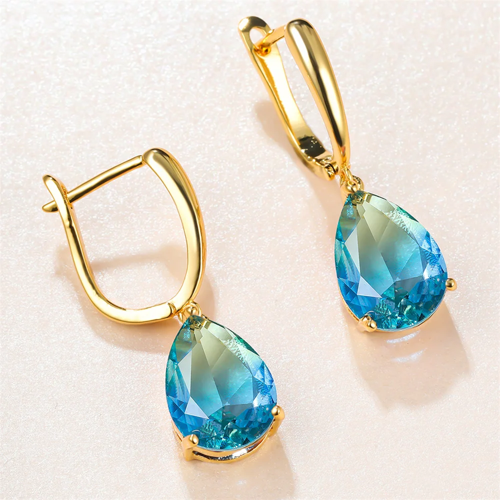 Blue Green Crystal Zircon Water Drop Stone Hoop Earrings For Women Vintage Gold Color Ear Buckle Wedding Jewelry Versatile Gifts