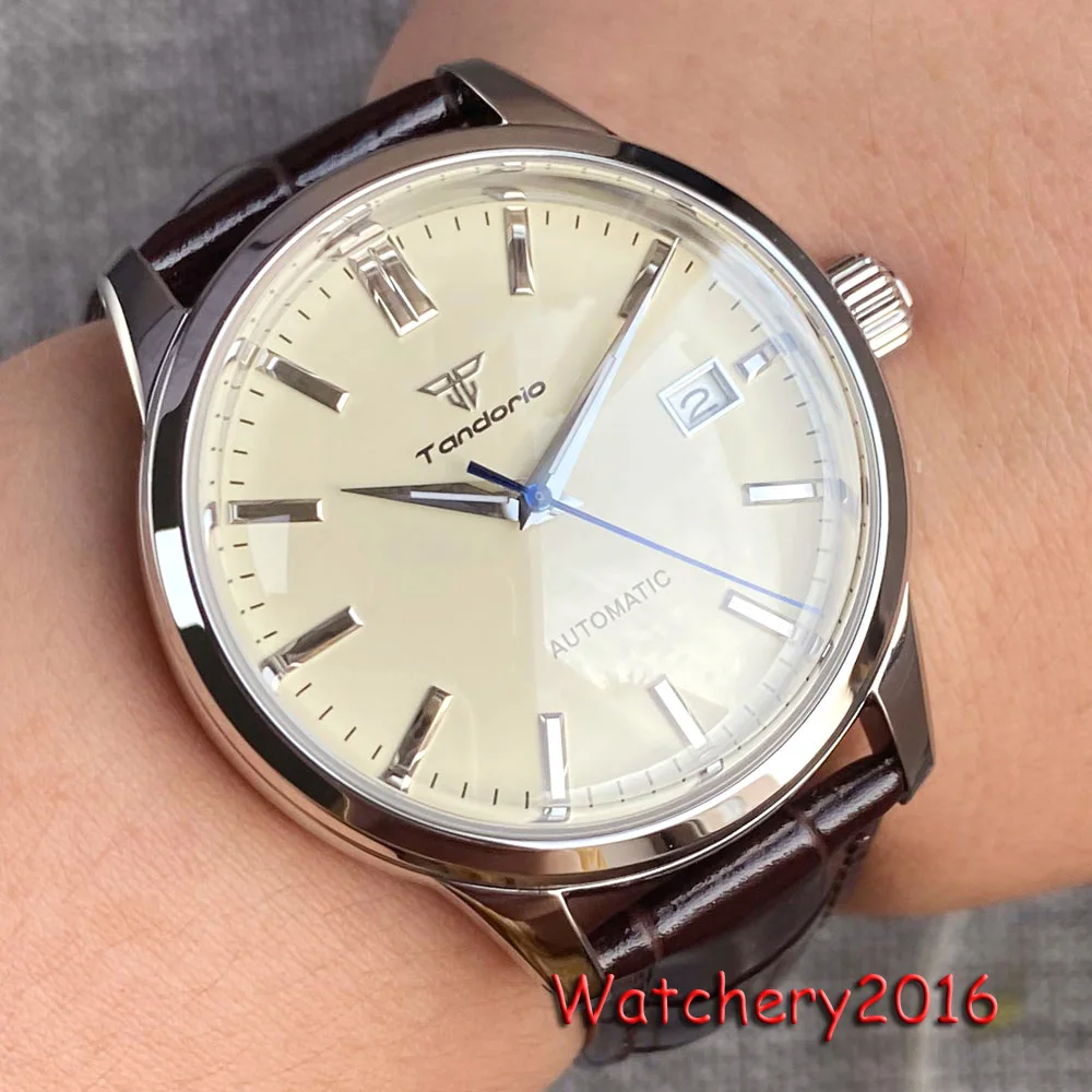 40Mm Tandorio 200M Impermeabile Wave Stripe Dial Blue Beige Automatic Pilot Watch Per Uomo Nh35A Double Dome Sapphire Glass Leather