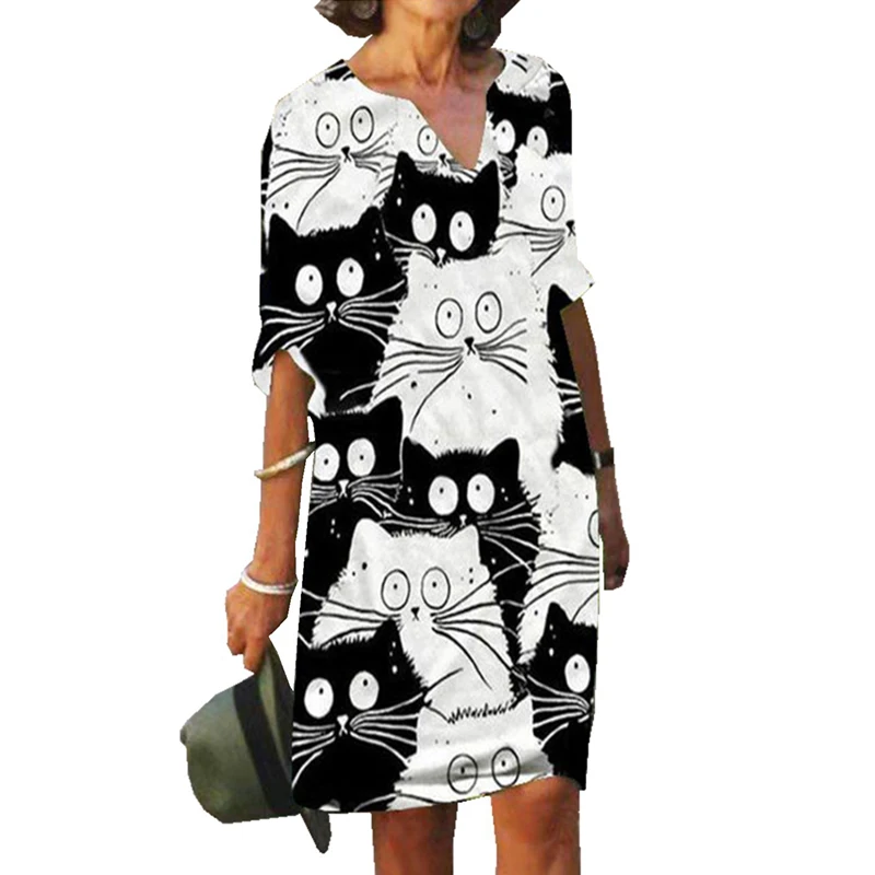 Women Elegant V-Neck Three-Quarter Sleeve A-Line Dress Femae Office 2022 New Fashion Black White Cat Printing Midi Dresses Mujer | Женская