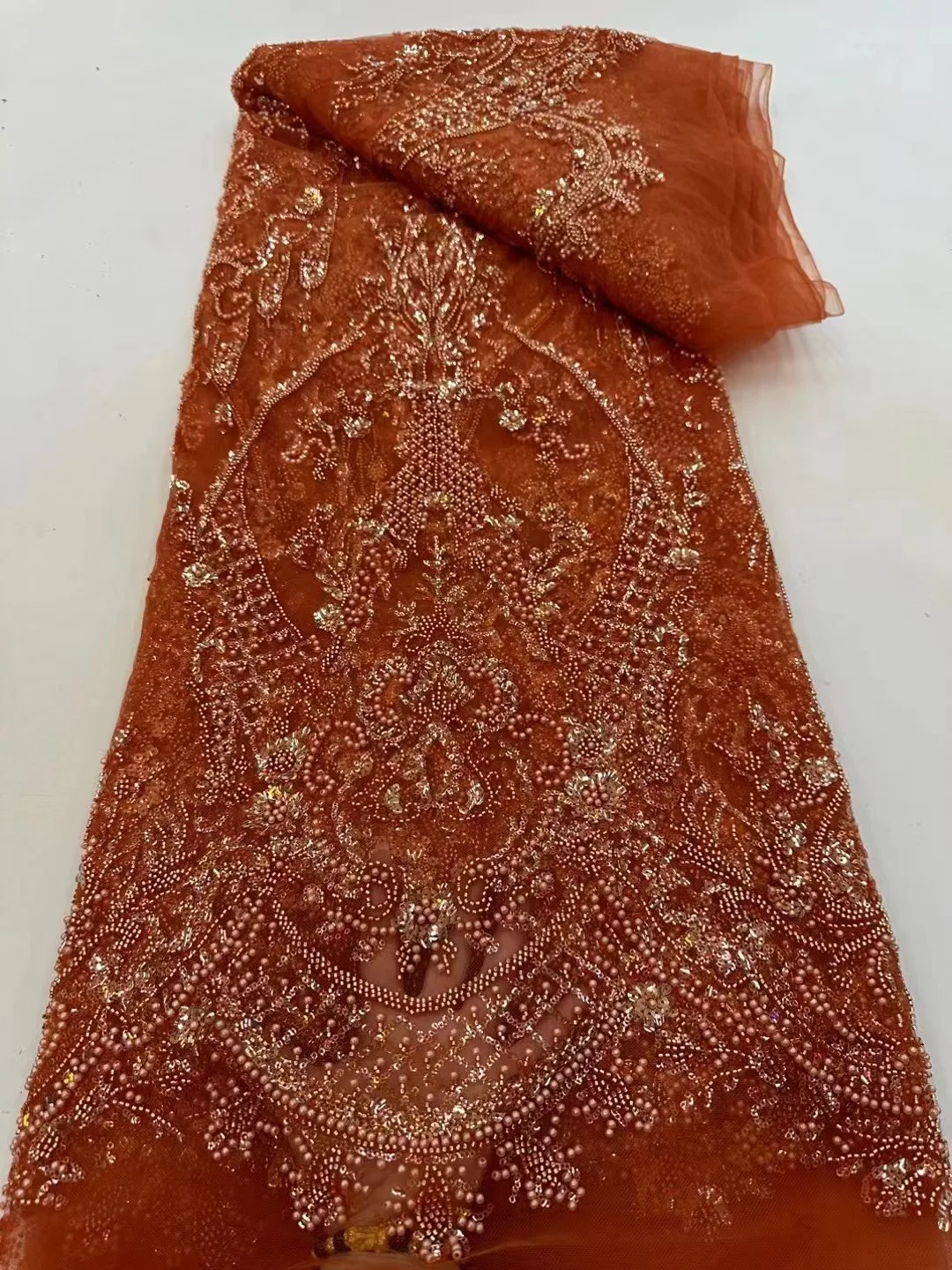 

Orange Beaded African Embroidery Tulle Lace Fabric 2023 High Quality French Net Lace Fabric With Sequins Sewing Materials Dress