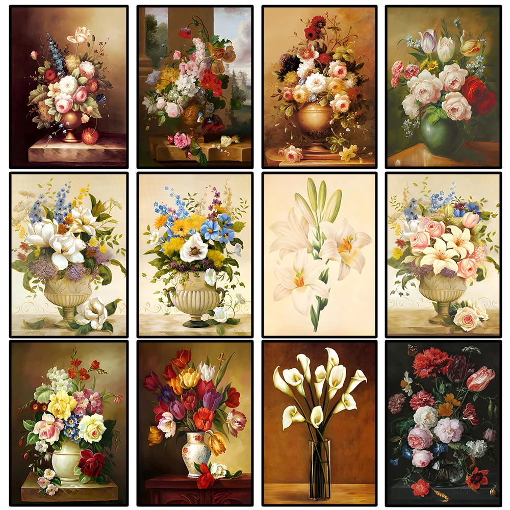 European Classical Flowers Canvas Poster Home Vintage Wall Art Hanging Paintings Prints Pictures Bedroom Living Room Decor Mural supplies flowers wall art paintings canvas pictures home decor unframe 5 pieces hd prints modern flower posters